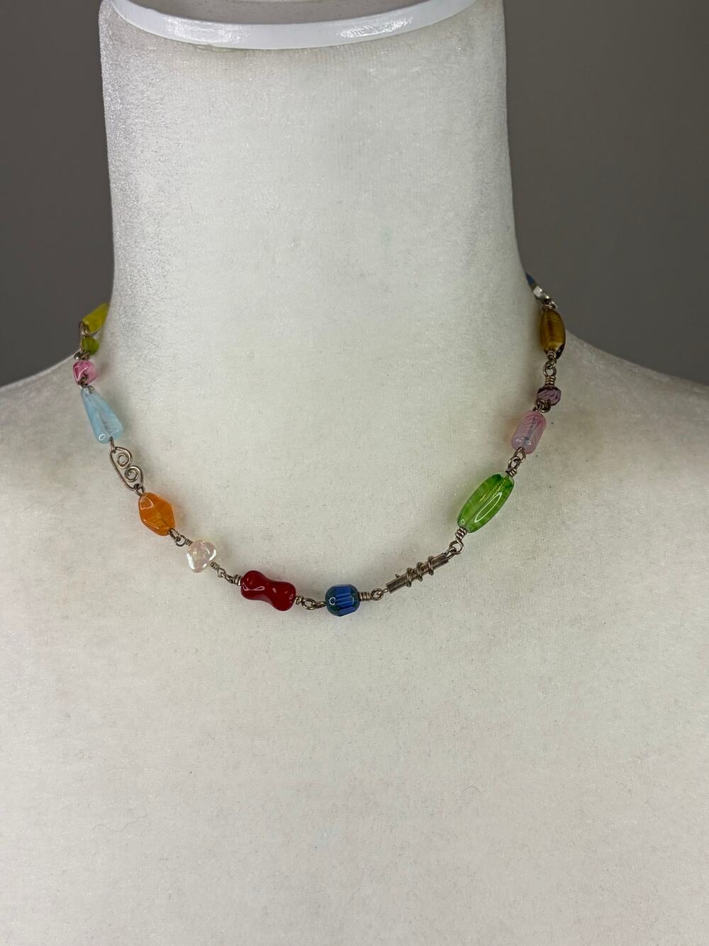 Art Glass Artisan Made Beaded Necklace on 925 Sterling 16in Colorful Whimsical